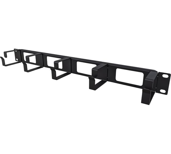 Изображение товара Организатор кабельный горизонтальный ONTEK крепление 19 1U с окошками, 5 колец глубиной 65мм, металл, черный RAL 9005 CO1U5W/65-9005