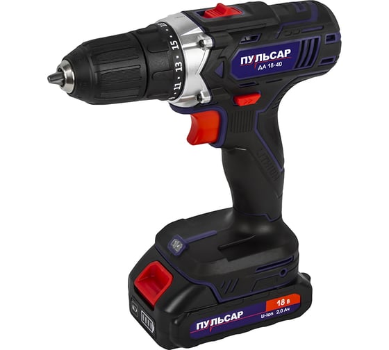 Изображение товара Дрель аккумуляторная безударная ПУЛЬСАР ДА 18-40 (18В, 40Hm, Li-on, 2,0Ah, 2 акк,,кейс) 923-101
