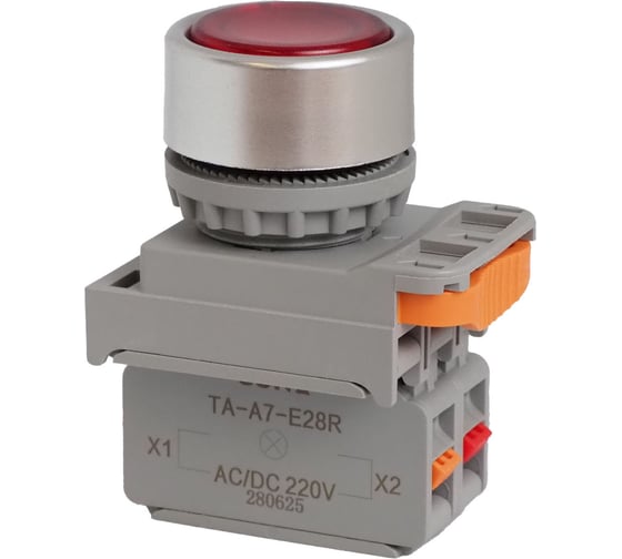 Изображение товара Кнопка CONTA TA-A7-JP01F-D-R/220-FP20-5, красная, металл, с подсветкой, NC, 22 мм (упак 5шт) 00-00013342