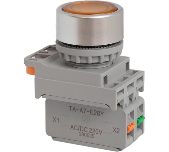 Изображение товара Кнопка CONTA TA-A7-JP10F-D-Y/220-FP20-5, желтая, металл, с подсветкой, NO, 22 мм (упак 5шт) 00-00013341