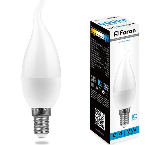 Изображение товара Светодиодная лампа FERON LB-97 Свеча на ветру E14 7W 6400K 38135