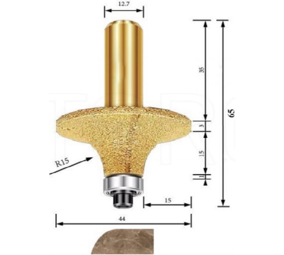 Изображение товара Фреза алмазная TORGWIN калевочная по камню с подшипником 44_12.7_54 мм+цанговый зажим 12.7 мм T1350848