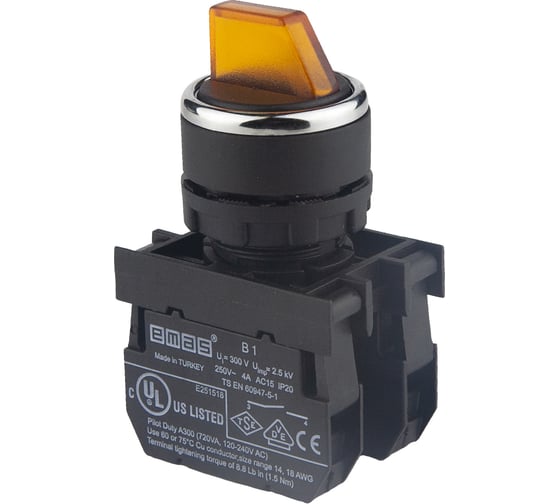 Изображение товара Переключатель Emas 0-1, с фиксацией, жёлтый, 250В AC, 4 А, без блок-контакта B101SL20S