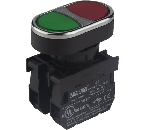 Изображение товара Нажимная кнопка Emas сдвоенная красно-зеленая, 1НО+1НО, серия B, 250 В AC, 4 А, B101K20KY