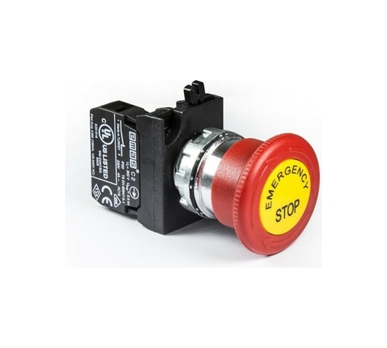 Изображение товара Аварийная кнопка Emas "Грибок" 40 мм короткая с маркировкой, возврат поворотом, 1НЗ, серия C, металлическое основание, 250 В AC, 4 А, CM200EE