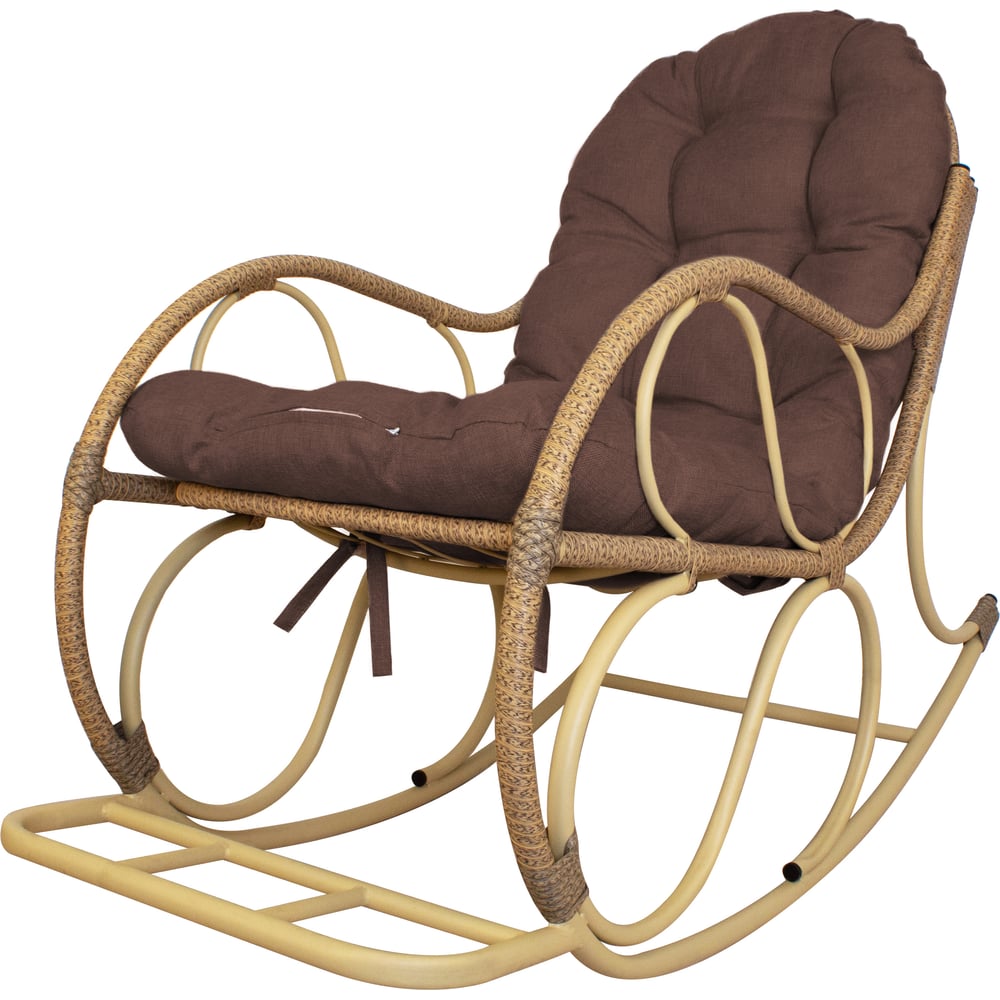 Изображение товара Кресло-качалка M-GROUP Элит бежевое с подушкой Какао, водонепроницаемое стальное и ротанг однотонно