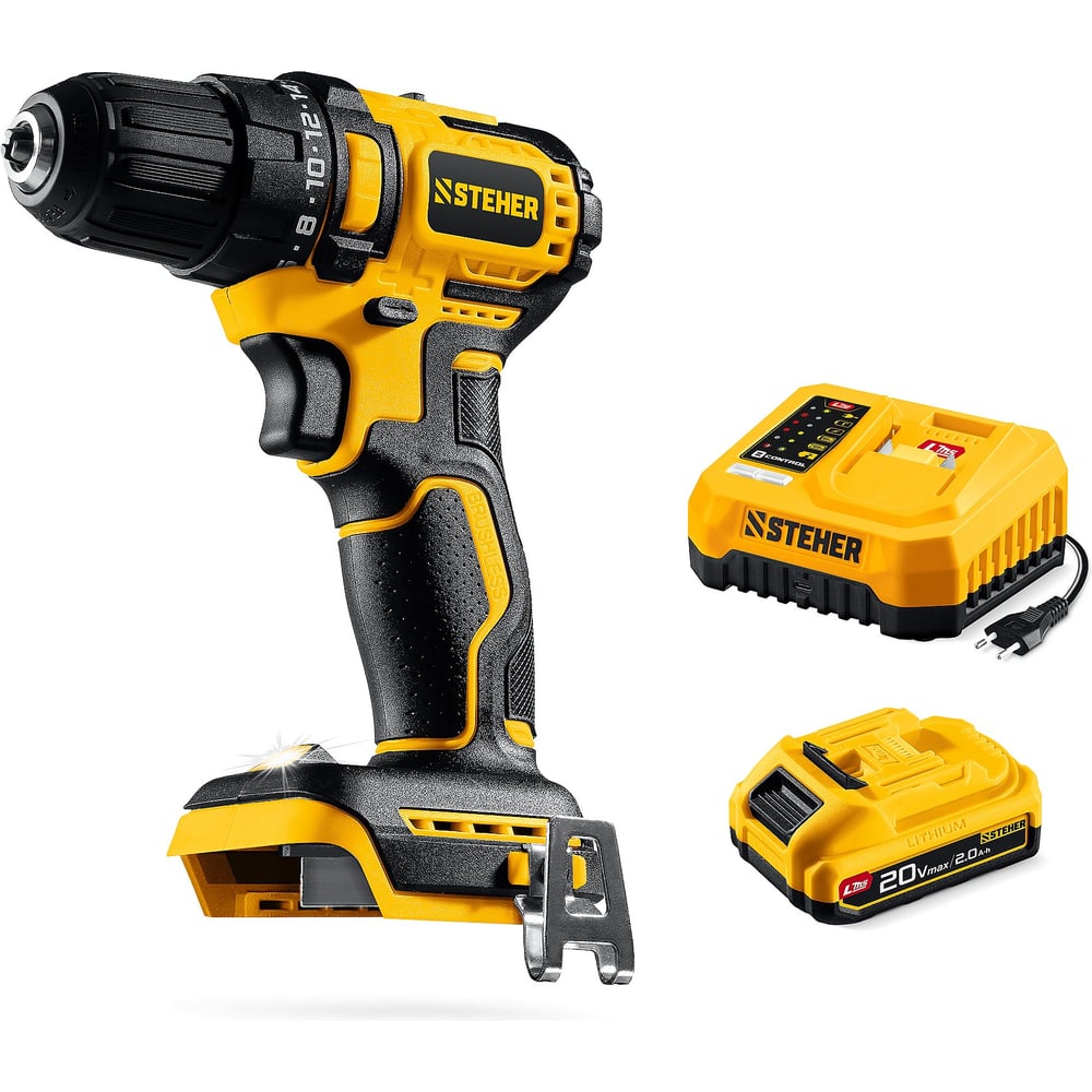 Изображение товара Бесщеточная дрель-шуруповерт STEHER 20 В, 45 Н·м, 1 АКБ LMS (2 А·ч), CB-45-21