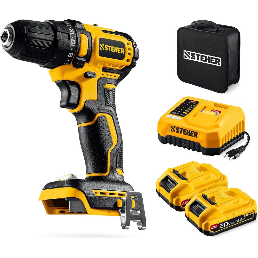 Изображение товара Бесщеточная дрель-шуруповерт STEHER 20 В, 45 Н·м, 2 АКБ LMS (2 А·ч), сумка CB-45-22