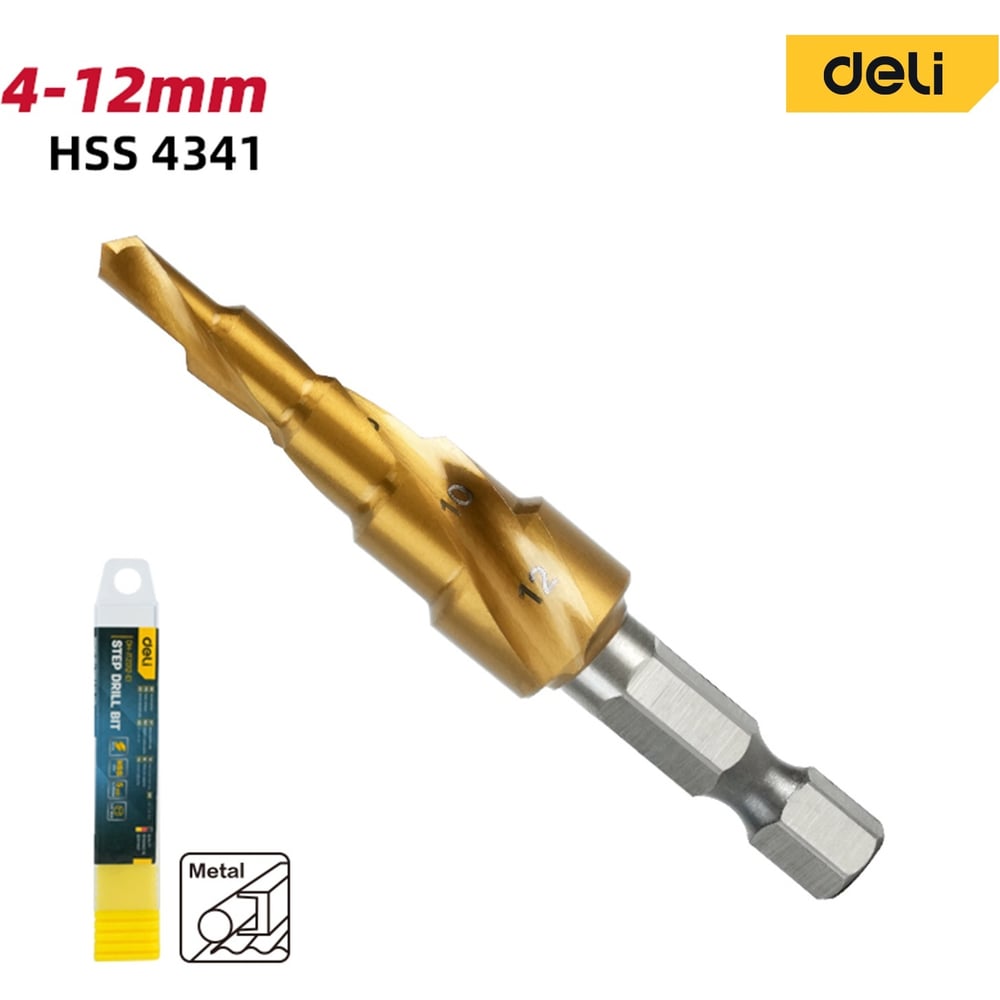 Изображение товара Сверло ступенчатое по металлу Deli 4-12мм DH-JTZ012-E1 (HSS 4341, спиральная канавка, шестигранный хвостовик) 178396