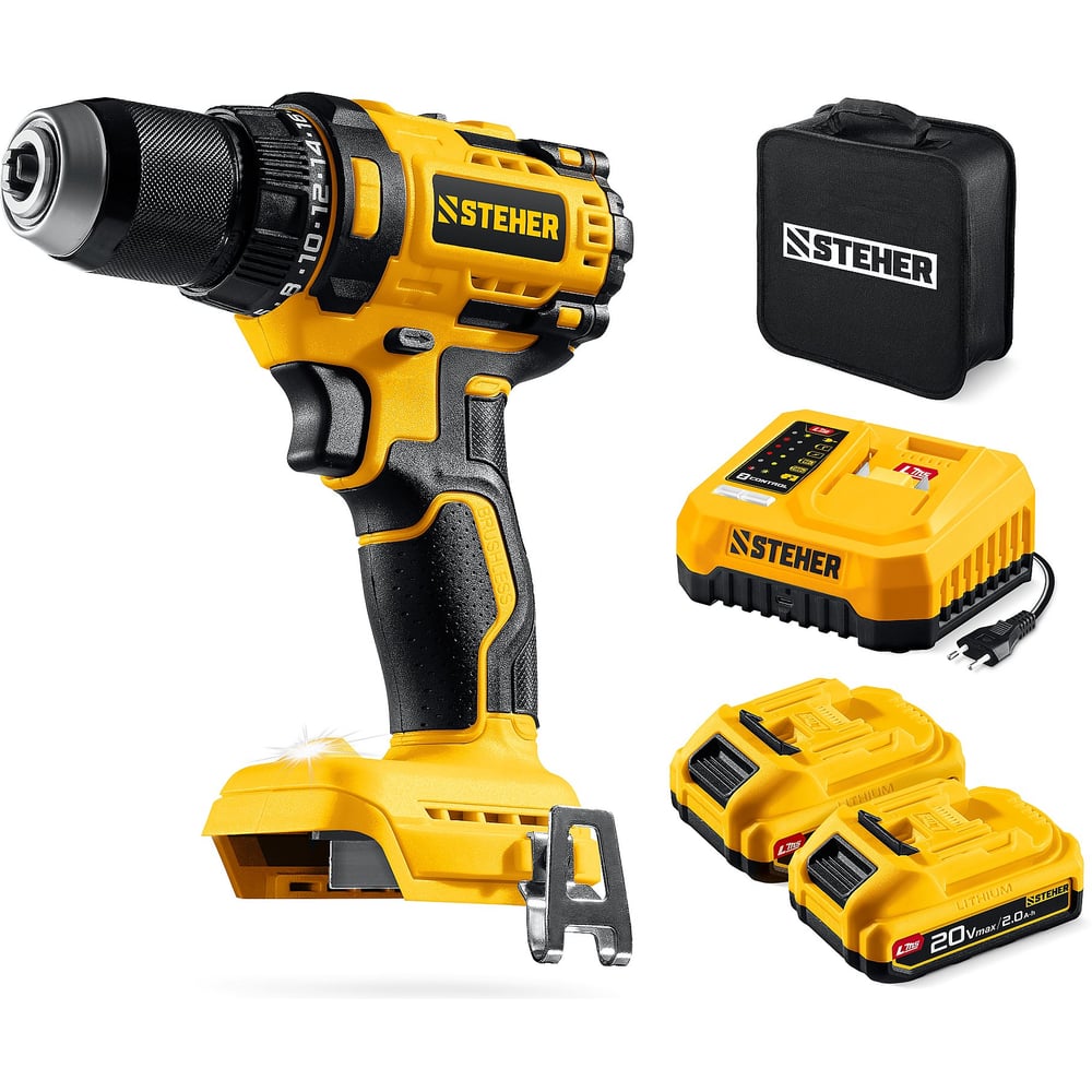 Изображение товара Бесщеточная дрель-шуруповерт STEHER 20 В 65 Н·м 2 АКБ LMS сумка