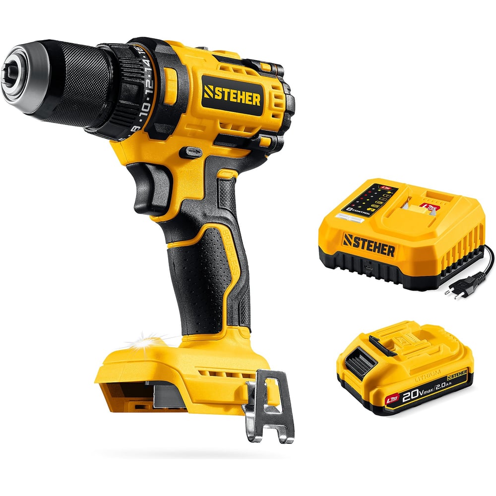 Изображение товара Бесщеточная дрель-шуруповерт STEHER 20 В 65 Н·м с зарядным и аккумулятором