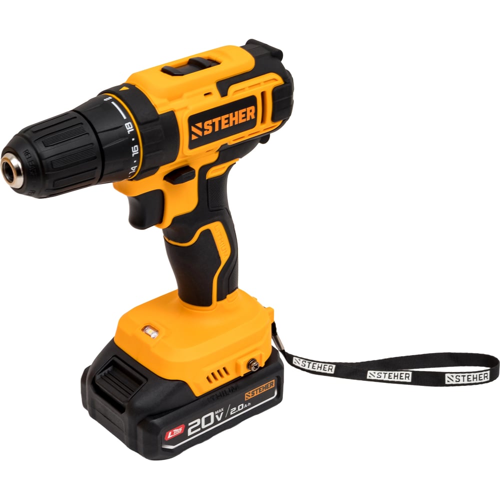 Изображение товара Аккумуляторная дрель-шуруповерт STEHER 20 В 40 Нм с реверсом и подсветкой