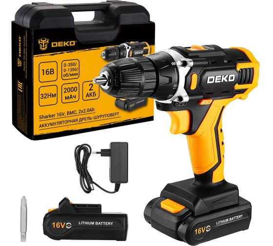 Изображение товара Аккумуляторная дрель-шуруповерт DEKO Sharker 16V в кейсе, 2x2.0Ач 083-1108