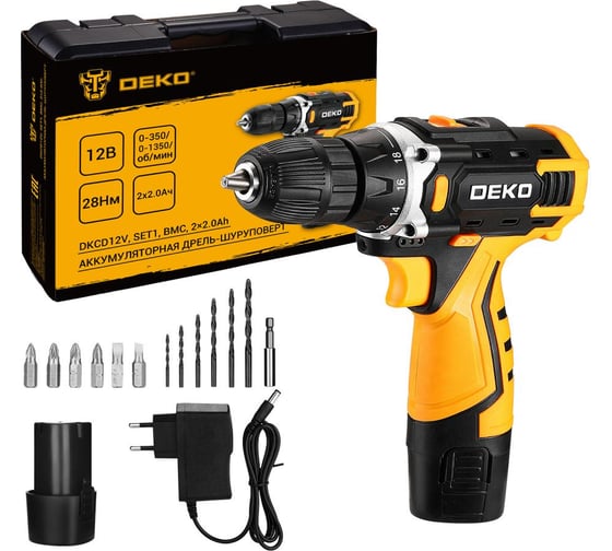 Изображение товара Аккумуляторная дрель-шуруповерт DEKO DKCD12V SET1 в кейсе + оснастка 13 шт, 2_2,0 А·ч 083-1022