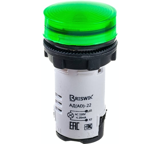 Изображение товара Индикатор Briswik светодиодный АД-22 зеленый 220В AC/DC IP65 22AC/DC220V3.BR