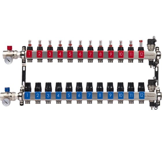 Изображение товара Блоки коллекторные OKSELER с расходомерами и автоматическими воздухоотводчиками, шаровыми кранами с термометрами, 12 выходов Oks00693