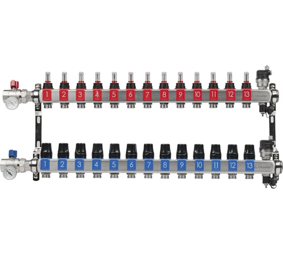 Изображение товара Блоки коллекторные OKSELER с расходомерами и автоматическими воздухоотводчиками, шаровыми кранами с термометрами, 13 выходов Oks00694