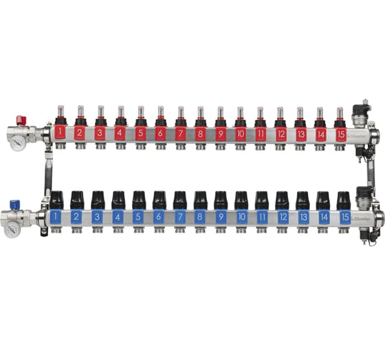 Изображение товара Блоки коллекторные OKSELER с расходомерами и автоматическими воздухоотводчиками, шаровыми кранами с термометрами, 15 выходов Oks00696
