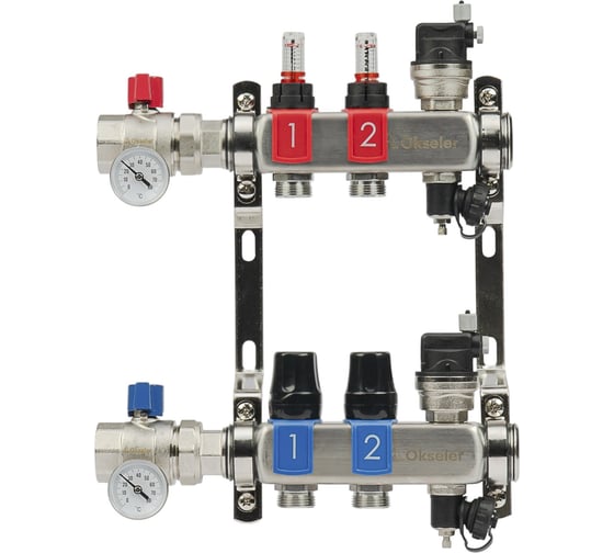 Изображение товара Блоки коллекторные OKSELER с расходомерами и автоматическими воздухоотводчиками, шаровыми кранами с термометрами, 2 выхода Oks00683