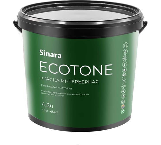 Изображение товара Краска интерьерная для внутренних работ Sinara Ecotone супер белая, База А, матовая, атмосферостойкая, водно-дисперсионная на акриловой основе, 4.5л SP 065