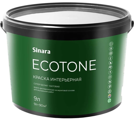 Изображение товара Краска интерьерная для внутренних работ Sinara Ecotone супер белая, База А, матовая, атмосферостойкая, водно-дисперсионная на акриловой основе, 9л SP 066