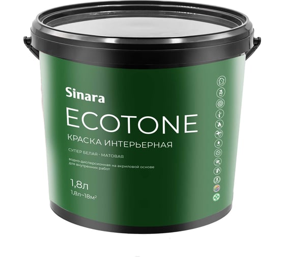 Изображение товара Краска интерьерная для внутренних работ Sinara Ecotone супер белая, База А, матовая, атмосферостойкая, водно-дисперсионная на акриловой основе, 1.8л SP 049