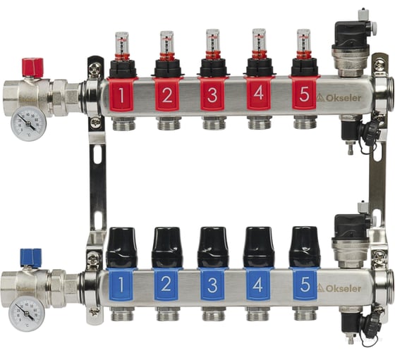 Изображение товара Блоки коллекторные OKSELER с расходомерами и автоматическими воздухоотводчиками, шаровыми кранами с термометрами, 5 выходов Oks00686