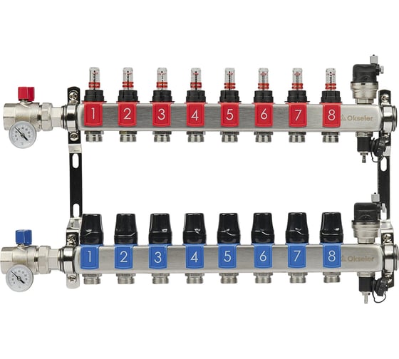 Изображение товара Блоки коллекторные OKSELER с расходомерами и автоматическими воздухоотводчиками, шаровыми кранами с термометрами, 8 выходов Oks00689