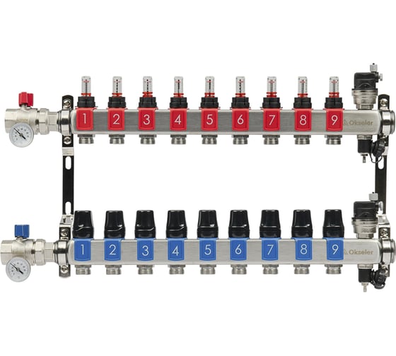 Изображение товара Блоки коллекторные OKSELER с расходомерами и автоматическими воздухоотводчиками, шаровыми кранами с термометрами, 9 выходов Oks00690