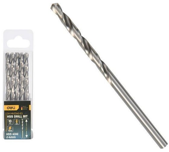 Изображение товара Сверло по металлу Deli 4мм, 10 шт DH-MHZ040-E3 (сталь HSS 4341, угол заточки 135 град, пласт. кейс 196852