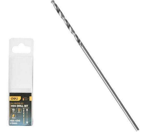 Изображение товара Сверло по металлу Deli 1мм, 10 шт DH-MHZ010-E3 сталь HSS 4341, угол заточки 118 град, пласт. кейс 196849