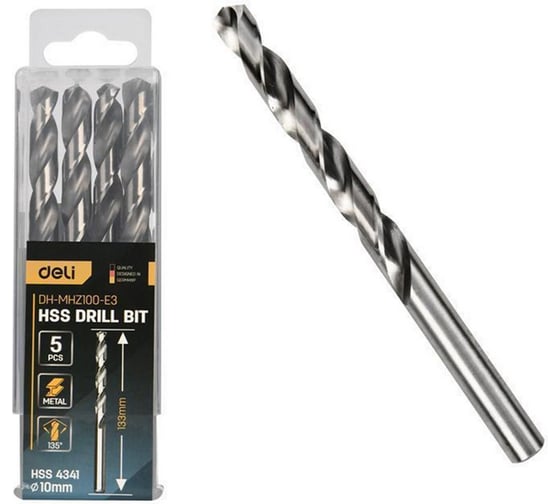 Изображение товара Сверло по металлу Deli 10мм, 5 шт DH-MHZ100-E3 сталь HSS 4341, угол заточки 135 град, пласт. кейс 196858