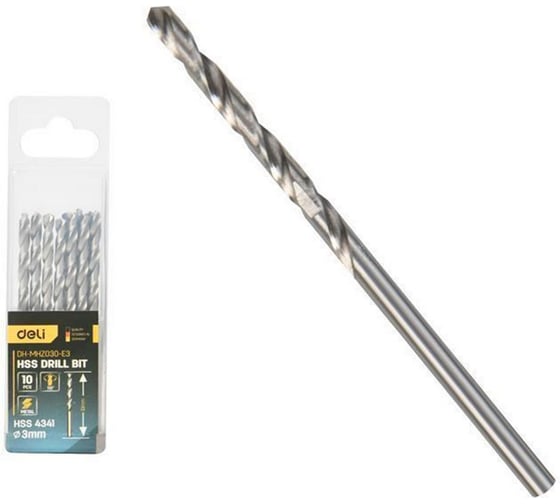 Изображение товара Сверло по металлу Deli 3мм, 10 шт DH-MHZ030-E3 сталь HSS 4341, угол заточки 118 град, пласт. кейс 196851