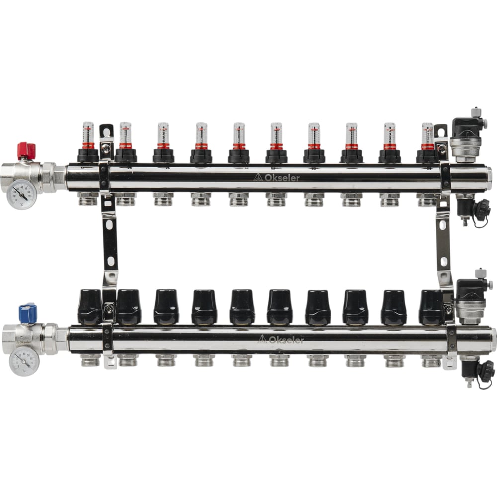Изображение товара Блоки коллекторные латунные OKSELER с расходомерами и воздухоотводчиками 10 выходов