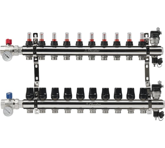 Изображение товара Блоки коллекторные латунные OKSELER с расходомерами и автоматическими воздухоотводчиками, шаровыми кранами с термометрами, 10 выходов Oks00705