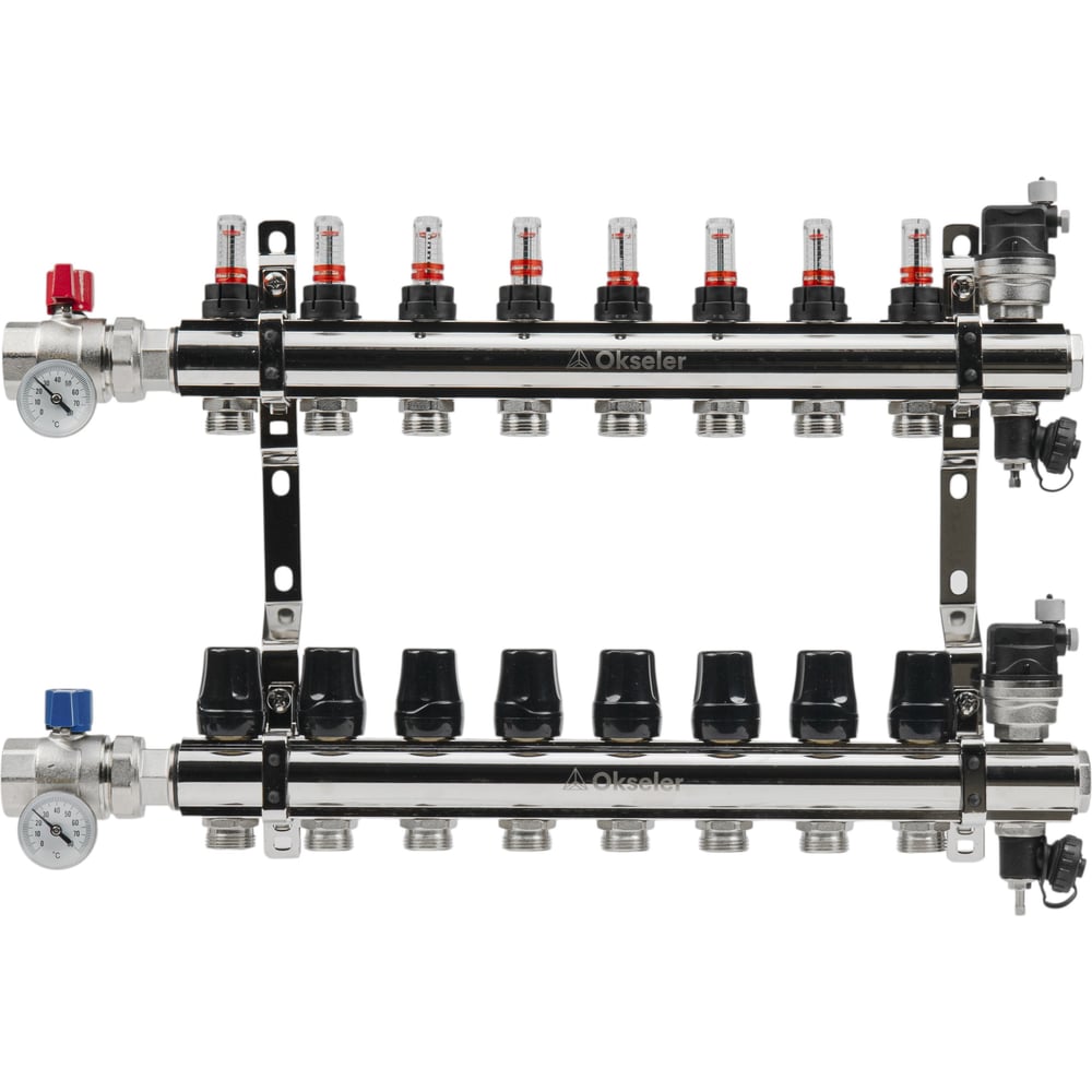 Изображение товара Латунные коллекторные блоки с расходомерами и автоматическими воздухоотводчиками 9 выходов OKSELER