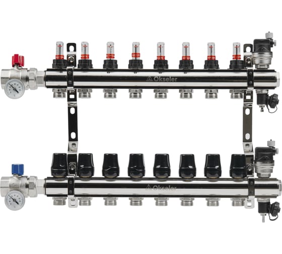 Изображение товара Блоки коллекторные латунные OKSELER с расходомерами и автоматическими воздухоотводчиками, шаровыми кранами с термометрами, 9 выходов Oks00704