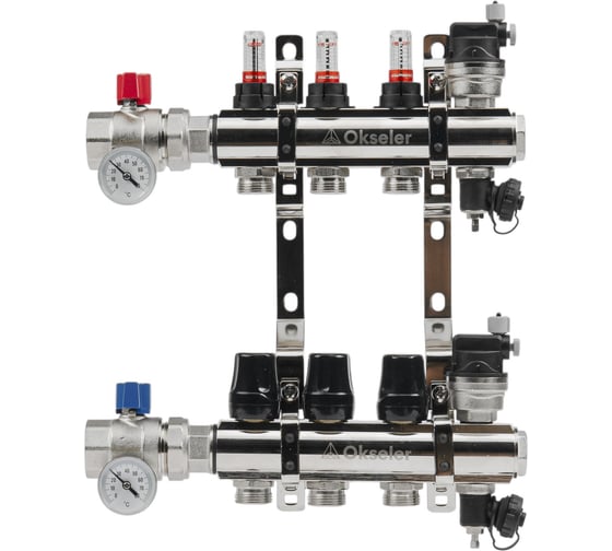 Изображение товара Блоки коллекторные латунные OKSELER с расходомерами и автоматическими воздухоотводчиками, шаровыми кранами с термометрами, 3 выхода Oks00698