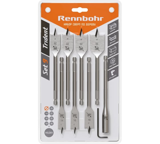 Изображение товара Набор сверл перовых по дереву RENNBOHR 9 предм.: 14-16-18-20-22-25-30x152 мм, удлинитель, ключ угловой 659199