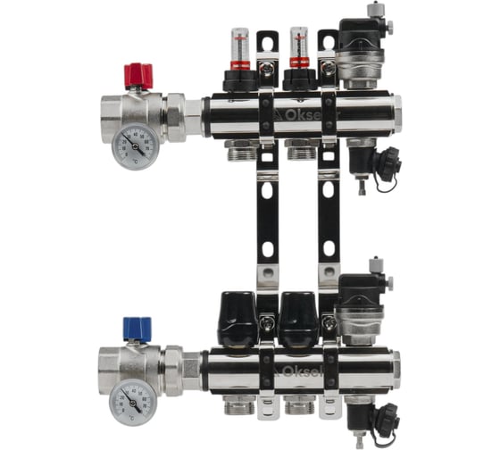Изображение товара Блоки коллекторные латунные OKSELER с расходомерами и автоматическими воздухоотводчиками, шаровыми кранами с термометрами, 2 выхода Oks00697