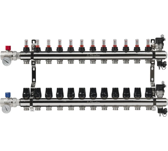 Изображение товара Блоки коллекторные латунные OKSELER с расходомерами и автоматическими воздухоотводчиками, шаровыми кранами с термометрами, 12 выходов Oks00707