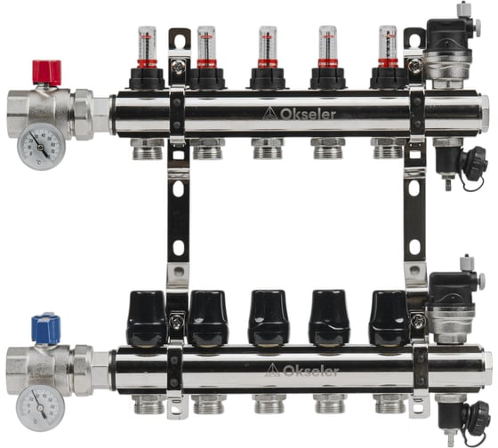 Изображение товара Блоки коллекторные латунные OKSELER с расходомерами и автоматическими воздухоотводчиками, шаровыми кранами с термометрами, 5 выходов Oks00700