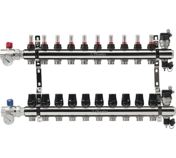 Изображение товара Блоки коллекторные латунные OKSELER с расходомерами и автоматическими воздухоотводчиками, шаровыми кранами с термометрами, 11 выходов Oks00706