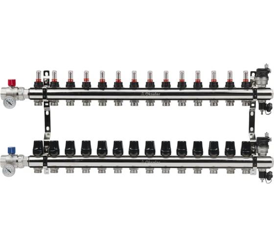 Изображение товара Блоки коллекторные латунные OKSELER с расходомерами и автоматическими воздухоотводчиками, шаровыми кранами с термометрами, 14 выходов Oks00709