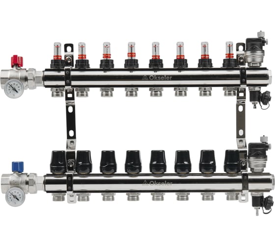 Изображение товара Блоки коллекторные латунные OKSELER с расходомерами и автоматическими воздухоотводчиками, шаровыми кранами с термометрами, 7 выходов Oks00702