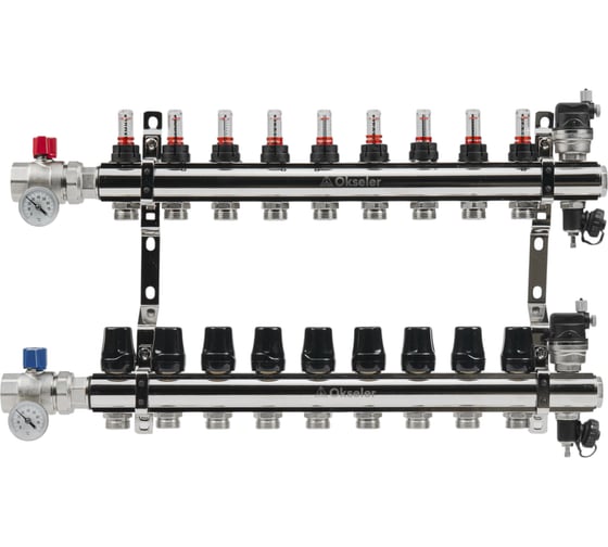 Изображение товара Блоки коллекторные латунные OKSELER с расходомерами и автоматическими воздухоотводчиками, шаровыми кранами с термометрами, 8 выходов Oks00703