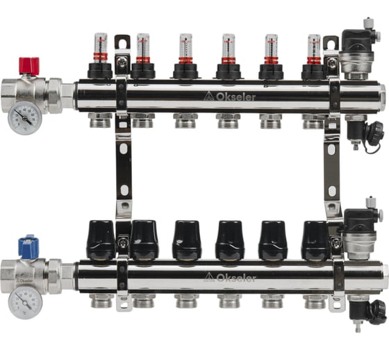 Изображение товара Блоки коллекторные латунные OKSELER с расходомерами и автоматическими воздухоотводчиками, шаровыми кранами с термометрами, 6 выходов Oks00701