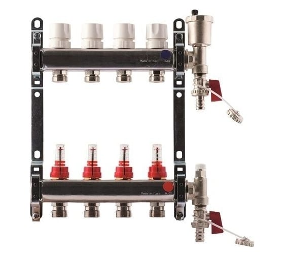 Изображение товара Коллекторная группа Imperial из нержавеющей стали 1x3/4 EK- 8 выходов, с расходомерами 6 bar, воздухоспускник, сливной кран Италия 833.08