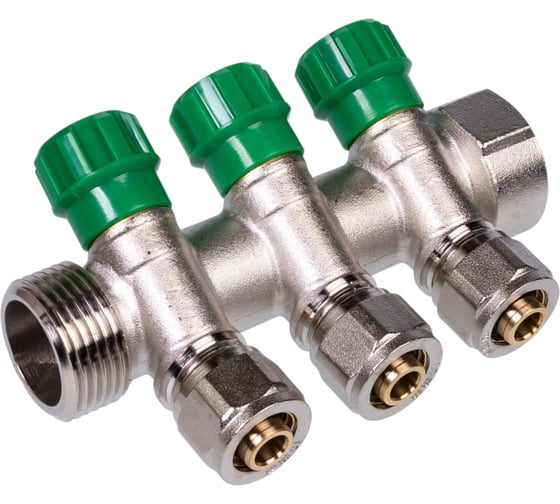 Изображение товара Коллектор с регулировочными вентилями SUNFLY 1, 3 отвода x 16 мм с цангами (XF25289-1-3) SF0343556