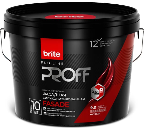 Изображение товара Фасадная краска с силиконом BRITE PROFESSIONAL долговечная, атмосферостойкая, матовая, белая (База А), ведро 9 л О02230